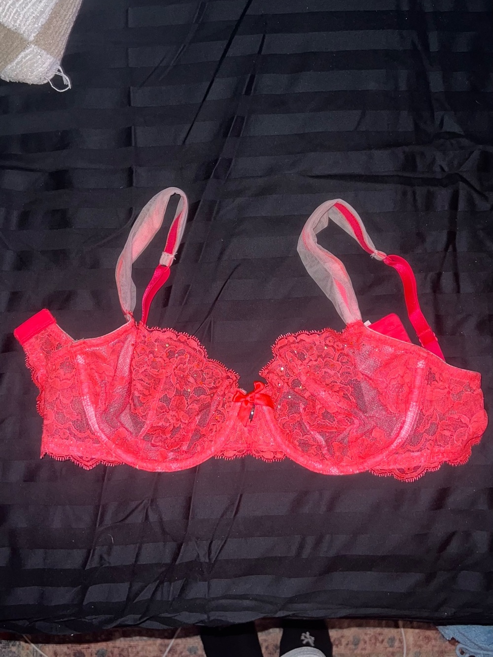 Hot neon red:pink  Lace Underwire Bra with Sheer Detailing